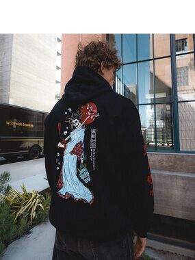 Riot Society Black Graphic Hoodie with Japanese Geisha Skeleton Print